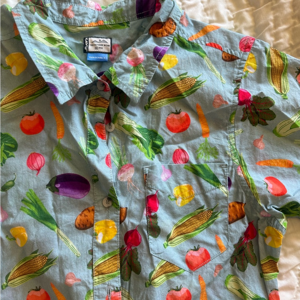 Short-Sleeve Button-Up Shirt Dress - Light Blue Vegetable Print - Picture 3 of 4